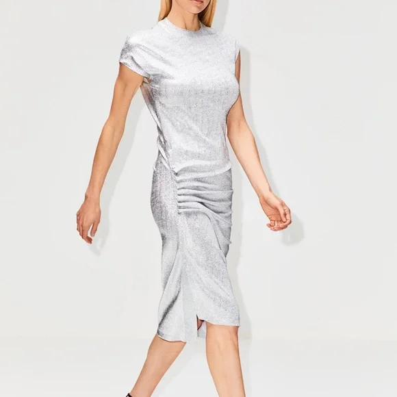 Paco Rabanne silver asymmetric ruched midi dress - Picture 13 of 15